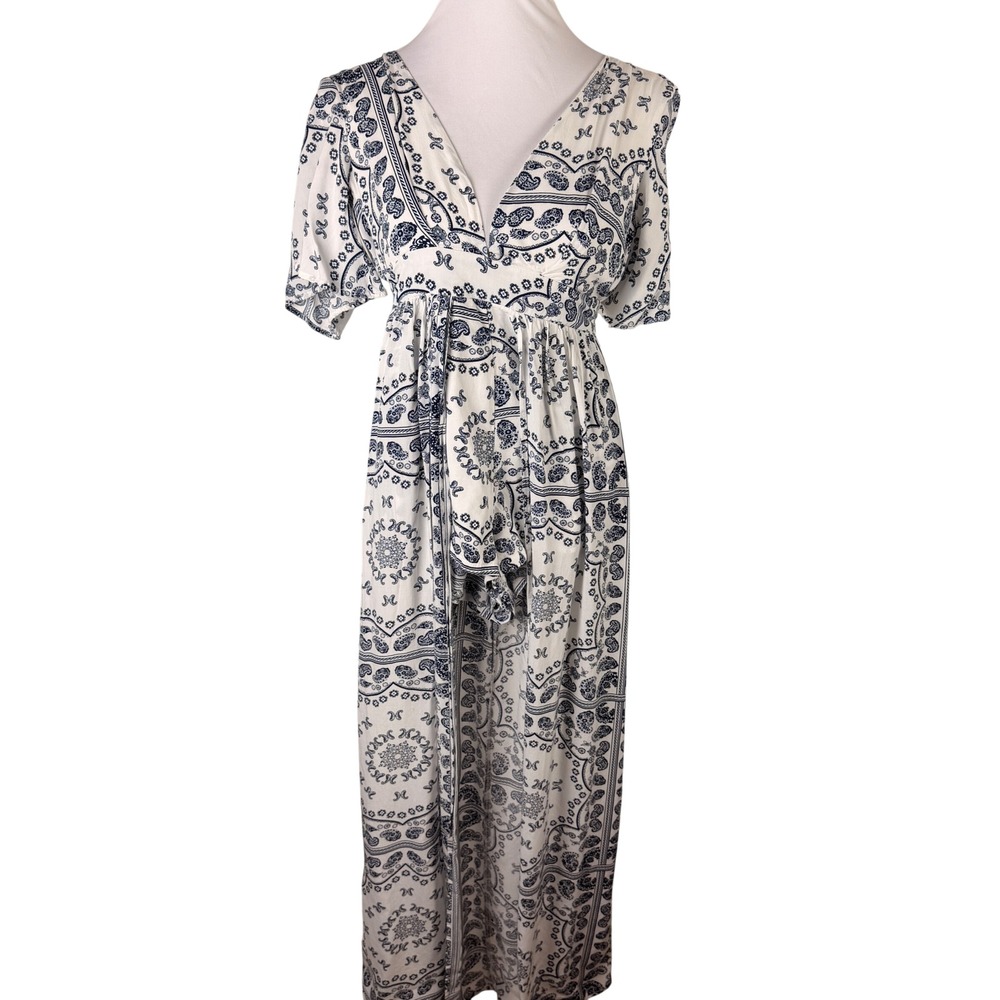 L'atiste by Amy Women's Small Paisley Maxi Romper Dress White Blue Boho